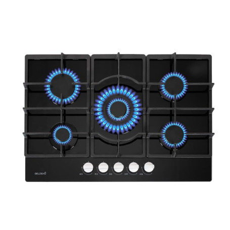 Plaque gaz 5 feux en verre noir - Brûleurs et grilles en fonte - 10 800 Watts encastrement 56x49 cm