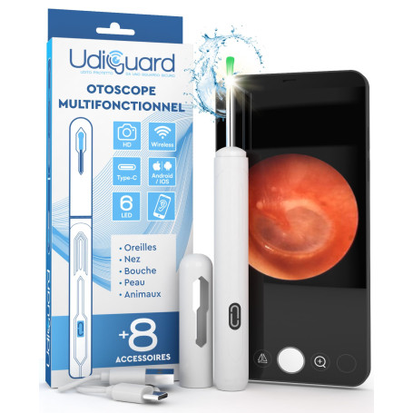 Otoscope Oreille avec Caméra 1920p 3,6mm Étanche WiFi Elimination du Cérumen - UdiGuard Endoscope Nettoyant Oreille Compatible a