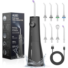 AUIEI Jet Dentaire Hydropulseur Portable Water Flosser, Irrigateur Oral 5 Modes et 8 Buses,Réservoir 300ML, USB Chargé, Étanche 