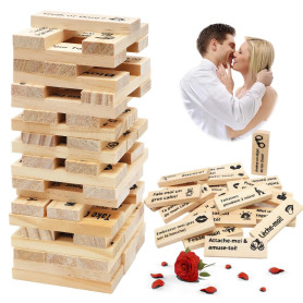 DASIAUTOEM Français Jeu de Tour de Blocs Coquins, 48 Pièces Jeu Coquin de Tour Infernale pour Adultes, Blocs Empilables en Bois,