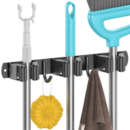 Juspota Accroche Balai Mural sans Percage, Porte Balais Mural avec 3 Supports et 2 Crochets, Support Balais Mural avec Vis, Atta