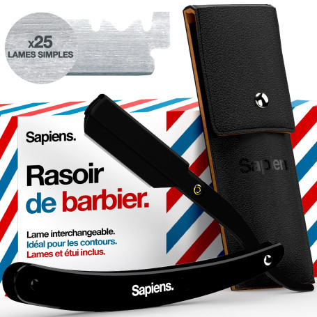 Sapiens Rasoir Coupe Choux Barbe - Rasoir Barbier Homme à Lame Interchangeable + 25 Demi-Lames + Pochette de Transport - Straigh