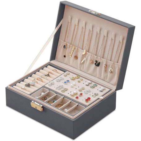 Boîte à Bijoux, Mtianxy Femme Double Couche PU Cuir Boîte de Rangement pour Bagues Boucles D'oreilles Bracelets Colliers Organis