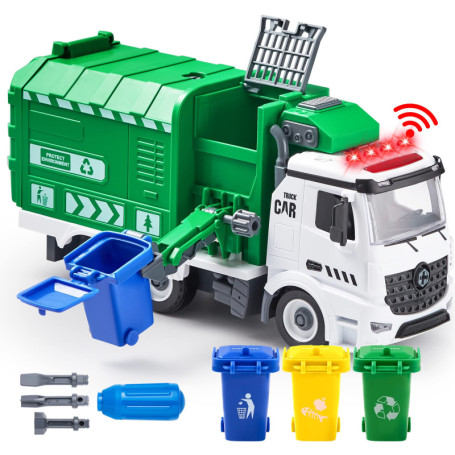 JOYIN Jumbo Camion à ordures à démonter alimenté par friction latérale avec lumière et sons, 3 poubelles, jouets tournevis, pour