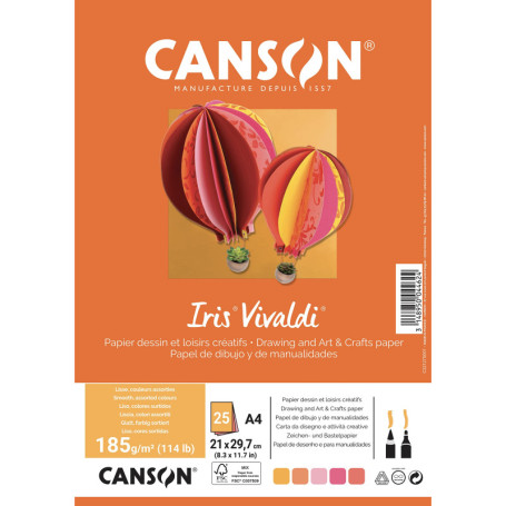 CANSON Iris Vivaldi - Paquet 25 feuilles de papier couleur A4 - 185g/m² - Assortiment jaune/rose/rouge
