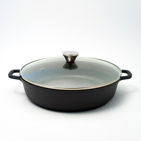 Baumalu, Mijoteuse Basse 32 cm en Fonte d'Aluminium Noir, Intérieur Anti-Adhérent Whitford Xylan Plus, Couvercle en Verre avec B