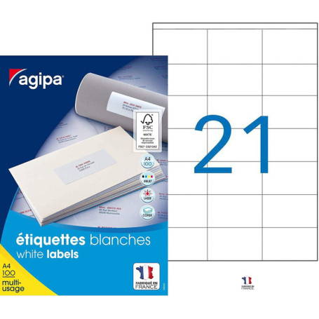 Apli Agipa – Boite Étiquettes Adhésives Blanches Multi–Usages Coins Droits – Certifié FSC – Anti-bourrage - 70 x 42 mm – 2100 Ét