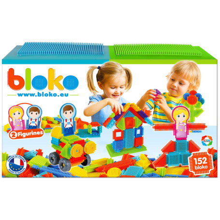 BLOKO – Coffret de 150 avec 2 Plaques de Jeu et 2 Figurines Famille – Dès 12 Mois – Fabriqué en Europe – Jouet de Construction 1
