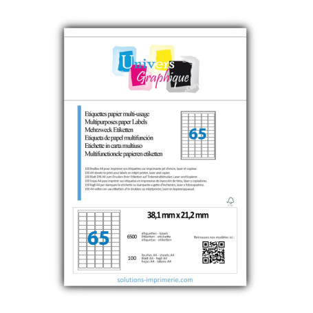 100 planches soit 6500 étiquettes 38 x 21 (38.1 X 21.2) - Petite Étiquette blanches adhésives personnalisable.