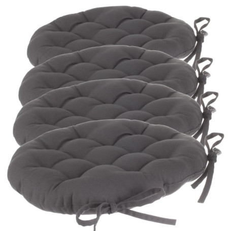 Atmosphera Lot de 4 galettes de chaises Rondes avec Attaches - Diamètre 38 cm -Matelassées & 100% Coton - Coloris Gris Anthracit
