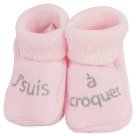 KINOUSSES - Chaussons Bébé - Brodés "J'suis à croquer" - 0-3 Mois - Rose/Argent