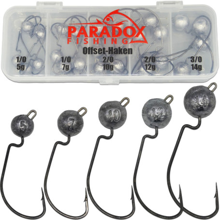 Paradox Fishing Lot de 24 hameçons Offset de qualité supérieure (5 g/7 g/10 g/ 12g 14 g) - 5 ou 4 pièces avec 1- Hameçons Offset