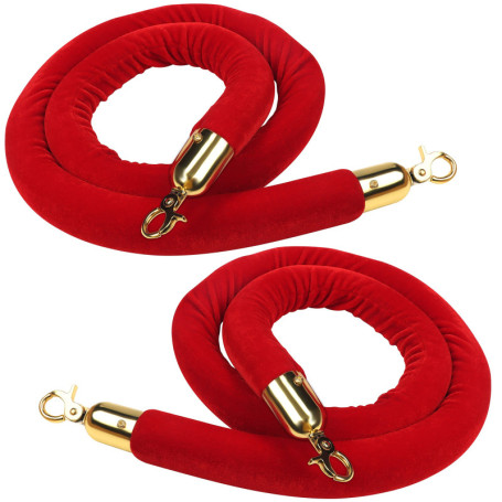 Belle Vous Lot de 2 Corde Barriere en Velours Rouge - L150 x D3,5 cm - Crochets Mousquetons en Or Poli pour Poteau de Guidage - 