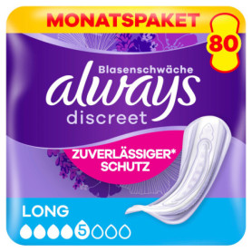 Always Discreet, 80 Serviettes Hygiéniques Incontinence Femme, Long 5 Gouttes, Protection Absorbante pour Fuites Urinaires Impor