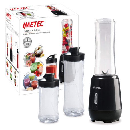 Imetec Personal et Sport Blender PB 100 Mini mélangeur avec 2 bouteilles Take-Away en Tritan sans BPA, 4 lames en acier inoxydab