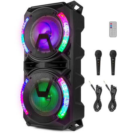 Fenton LIVE280 Enceinte Karaoke LED 2X 8”, 900W Max, 2 Microphones, Trolley et roulettes, Eclairage LED en Façade on/Off, USB et