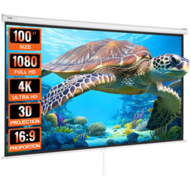 VEVOR Écran de Projection Enroulable Manuel 100 Pouces 16:9 HD 4K Toile de Vidéoprojecteur Anti-Plis Grand Angle de Vision Monta