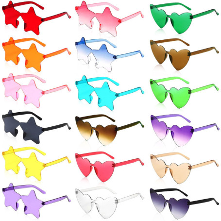 MOYKSRR 18 Paires de Lunettes en Forme de Cœur/Étoile Hippie Rétro, Lunettes de Soleil Transparentes Couleur Bonbon, Drôle de Lu
