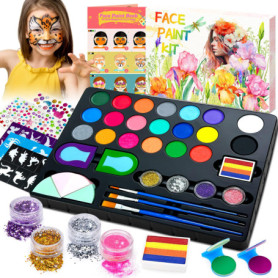 Lubibi Palette Maquillage Enfants, 21 Couleurs Kit Maquillage Enfant, Lavable Peinture Visage Enfant, Avec 3 Pinceaux, 28 Pochoi