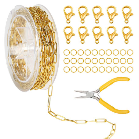 Chaîne de Trombone Doré pour le Bricolage 3.6m / 14 x 4mm Chaîne de Trombones avec Pincettes, Chaîne de Bijoux en Acier Inoxydab