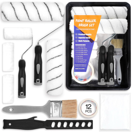 ENCOUN 12 Kit Rouleau Peinture, Kit Peinture Mur et Plafond, Rouleaux de Peinture, Ruban de Masquage, Bac à Peinture, Manchons d