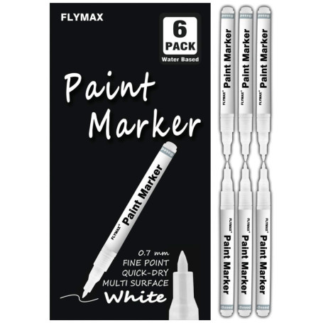 FLYMAX Lot de 6 marqueurs blancs de 0,7 mm pour bois, pierre, plastique, cuir, pierre, métal, toile, céramique, pointe extra fin
