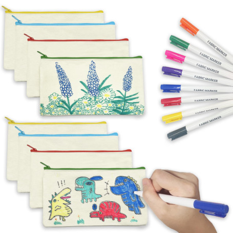 ICEPAPA, 8 Pochette Tissu Zippée et 8 Marqueur Textile, Trousse à Crayons Vierge Set de Dessin, idéal pour Cadeau Anniversaire E