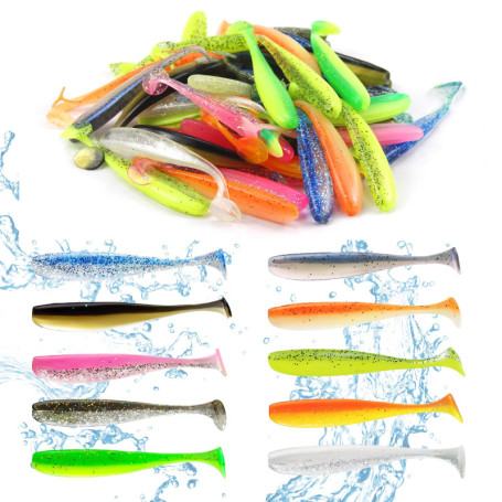 ELEpl 50 Pieces 7.5cm Leurre Peche Réutilisable avec 1 Boîte en Plastique Leurre Souple Accessoires de Pêche pour Leurre Souple 