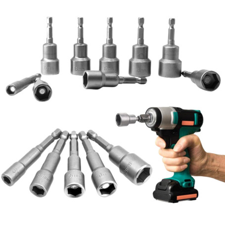 Douille Visseuse à Choc 6-19mm, 14 Pièces Tourne-écrous Magnétiques, Adaptateur Embout, Embout Visseuse pour Douille, Hexagonal 
