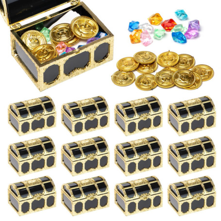 Neikafan 12 Pièces Mini Coffre Trésor Pirate Plastique,12 Pierre Precieuse Enfant et 12 d'or Pièces de Monnaie Coffre Pirate Pet