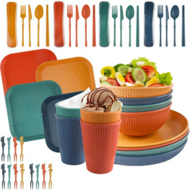 Hyacinthy Vaisselle Camping 4 Personnes, 48 Pièces Assiette Plastique, Ensemble Vaisselle de Table avec Bol Assiette Cuillère, R
