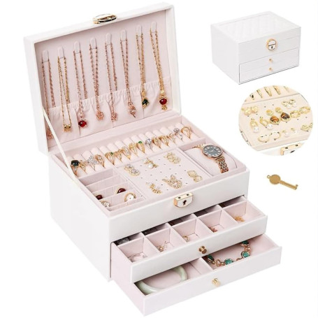 LELYFIT Boîte à Bijoux pour Femme, 3 Couches Rangement Bijoux, Coffret Bijoux de Voyage, Organisateur à Bijoux Verrouillable, Je