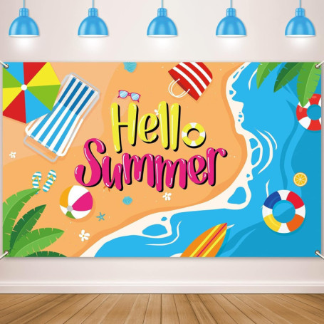 Banniere Hawaii Banderole Hello Summer 110 x 180 cm Toile de Fond d'été Decoration Ete Plage pour Summer Party, Piscine Fete, Th