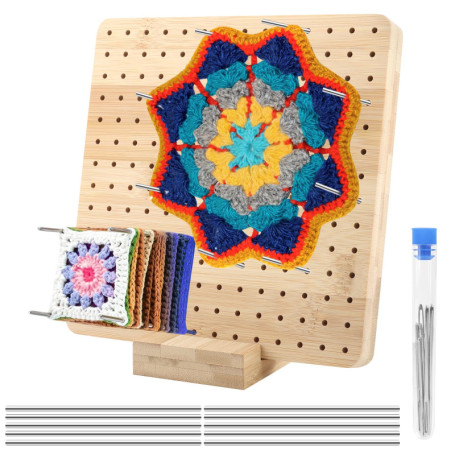 Planche de blocage pour Granny Square - 19,5 x 19,5 cm - Planche de blocage en bois avec 10 broches en acier inoxydable et 5 aig