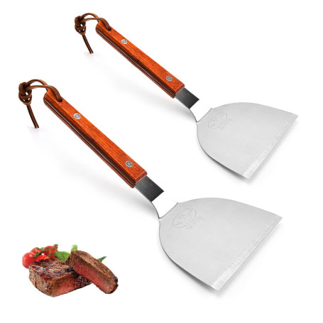 Spatule BBQ 2 pièces Spatule à Gril Spatule Barbecue Plancha Barbecue Plate Spatule en Acier Inoxydable avec Manche en Bois Spat