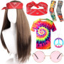 MZJAUVF Déguisement Hippie Homme, Déguisement Année 70, Deguisement Disco Homme, Accessoires Hippie avec T Shirt Perruque Bandea