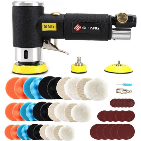 SI FANG Mini polisseuse excentrique à air comprimé 25/50/75 mm avec 60 feuilles de papier abrasif Mix Grit pour polissage de voi
