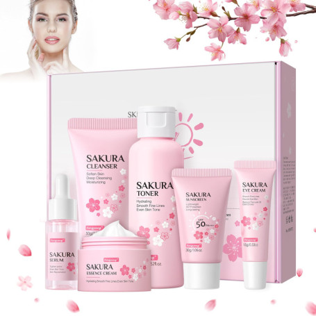 Fengyang® 6Pcs Set de Soins, Sakura Ensemble De Soins De La Peau, Soins Du Visage À Texture Rafraîchissante, Kit de Soins de La 