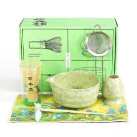Set de Matcha Japonais (7pcs),bol matcha avec bec verseur,Fouet en bambou, support à fouet, cuillère à café, support à cuillère 