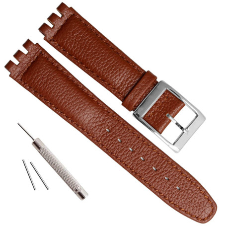 OliBoPo Bracelet de montre en cuir de vache avec boucle en acier inoxydable pour Swatch, Coutures marron/marron, 17mm, Actif