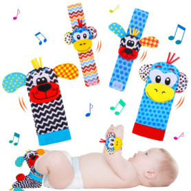 hugttt 4 Pcs Bébé Poignet et Chaussettes Hochet Jouets, Pied Finder et Poignet de Bell Strap Hochet Chaussettes Animaux Jouet Ev