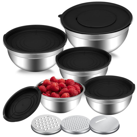 Pavlleen Lot de 5 Saladiers avec Couvercles Hermétiques, Bols à Salade Inox, Ensemble de 5 Bols Mélangeur Saladier en Acier Inox