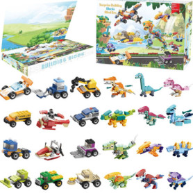 Dazhtu Calendrier de l'avent 2024 Enfant 24 pièces Blocs de Construction découverte Dinosaures et véhicules Jouets, Bloc de Cons