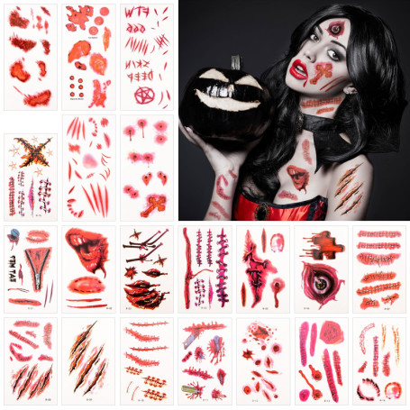 Alintor Tatouage Halloween, Maquillage Halloween pour Visage, 180 PCS(5 Grandes Feuille+15 Petite) Cicatrice Faux Sang Stickers 