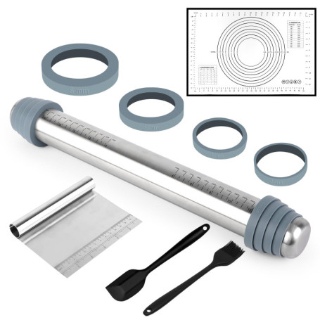Rouleau à Pâtisserie Antiadhésif, Rouleau à Pâtisserie en Acier Inoxydable, avec Anneaux Amovibles, Tapis de Cuisson en Silicone
