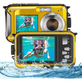 Helangel Appareil Photo Etanche Numérique,Full HD 2.7K 48MP Caméra sous-Marine Zoom Digital 16x Camera Etanche avec Double écran