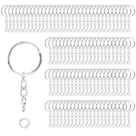 100PCS Anneau Porte Clé avec Chaîne,25 mm Attache Porte Clé, Split Porte Clef Anneaux Lot Métal Porte Anneau fendu Anneau Porte 
