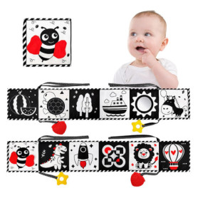 Yolistar Livre Tissu Bébé 0-3-6 Mois,Livre de Haute Contraste en Tissu Sensoriel Bébé Naissance,Livre Tissu Bébé Livre Noir et B