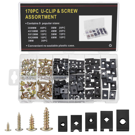 Bczhieulw 170 pièces clips de fixation voiture,clips voiture,agrafes carrosserie,85 vis cruciformes, 85 clips de montage en U po