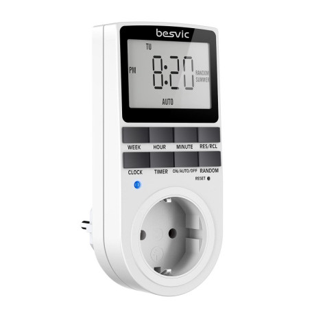 Prise programmateur numérique Besvic - 3680 W - avec 10 programmes Quotidiens configurables - Écran LCD et Mode Anti-agrafage al